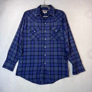 Ely Cattleman Mens Blue Purple Plaid Western Pearl Snap Shirt Medium Vintage